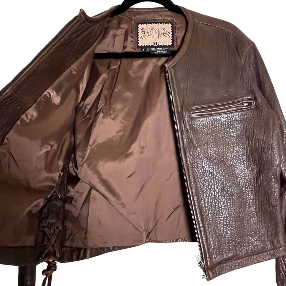 90s vintage carole little leather jacket moto brown front zip pebbled leather 6 - Picture 5 of 12